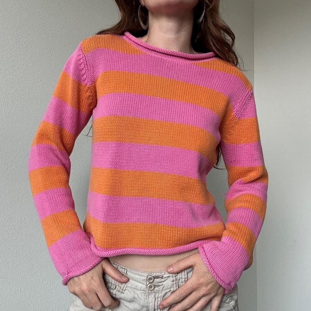 Garnet Hill Pink and orange striped cotton roll neck sweater